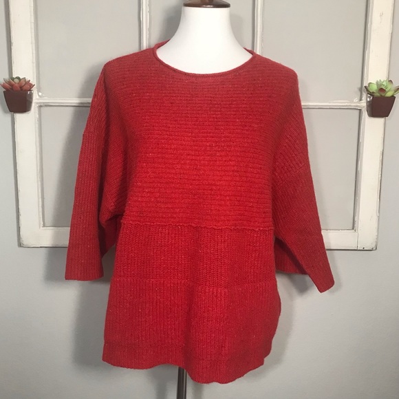 PURE JILL Red Kimono Sleeve Wool Linen Blend Oversized Knit Sweater Size XS - Picture 1 of 12